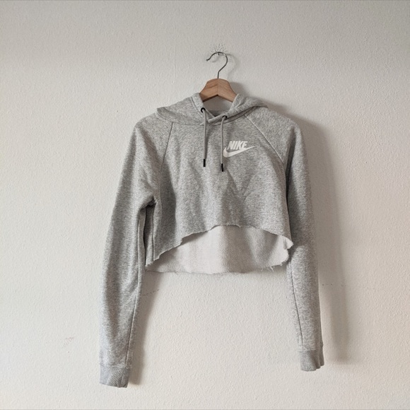 Nike Tops - Nike Heather Grey Self Cropped Raw Hem Hoodie, Size XS
